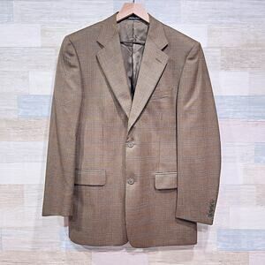 Barneys New York Wool Tweed Sport Coat Tan Brown Plaid Made In Italy Mens 38R